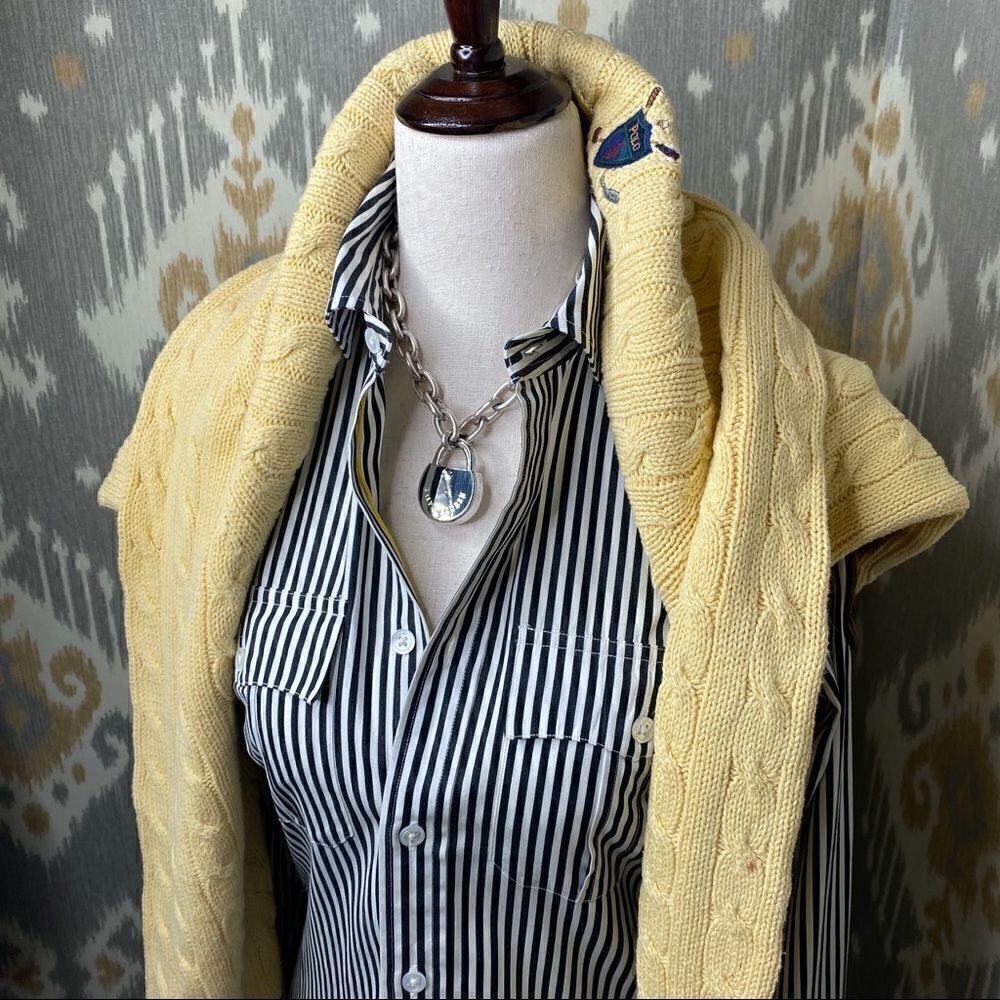 Ralph Lauren Nautical B&W Stripe Natique Assoc. Bullion Patch Button Up Blouse